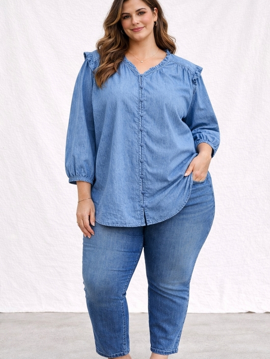 LC Lauren Conrad Tops - LC Lauren Conrad 2X Chambray Ruffle Button Front Blouse Blue Cotton Plus Top